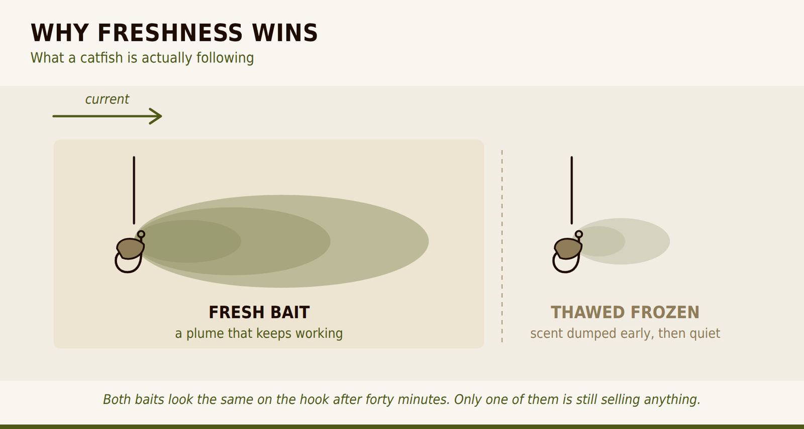 Diagram comparing the scent plume from fresh bait against thawed frozen bait after forty minutes in current.