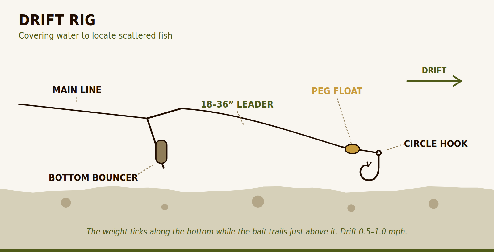 Drift rig diagram: main line to a bottom bouncer with an 18–36 inch leader, peg float and circle hook trailing just above the bottom.