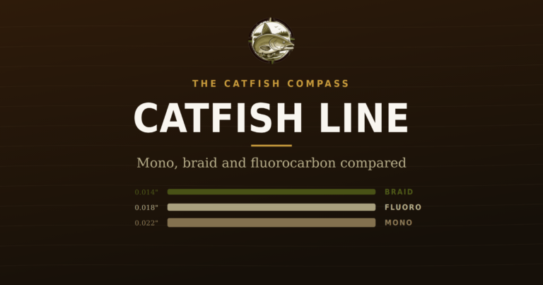 The Catfish Compass title card for catfish line, with braid, fluorocarbon and monofilament drawn at their true relative diameters