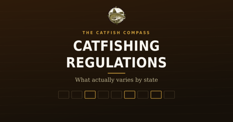 The Catfish Compass title card for catfishing regulations, what varies by state