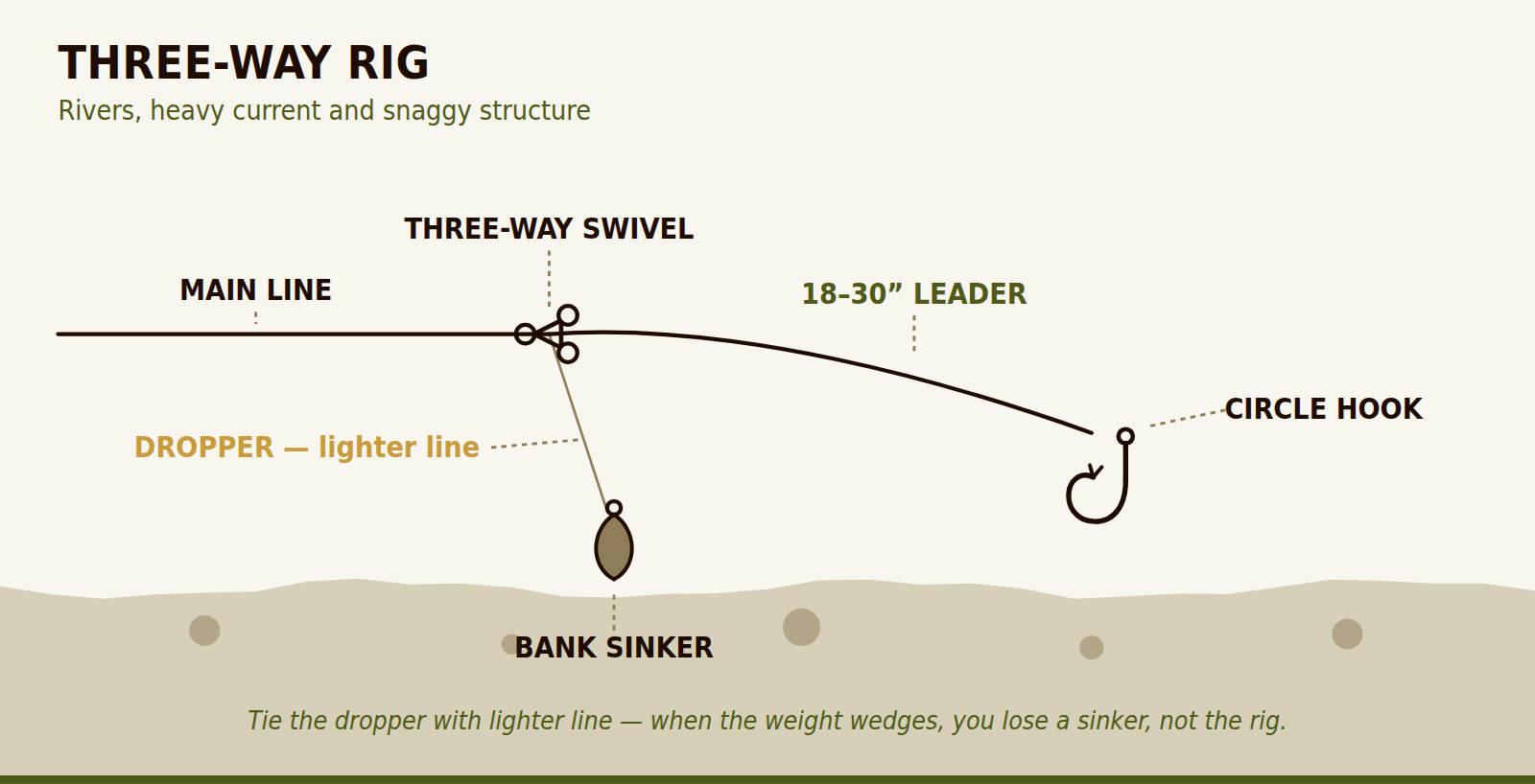 Three-way rig diagram: main line to a three-way swivel, a short lighter dropper to a bank sinker, and a longer leader to a circle hook.