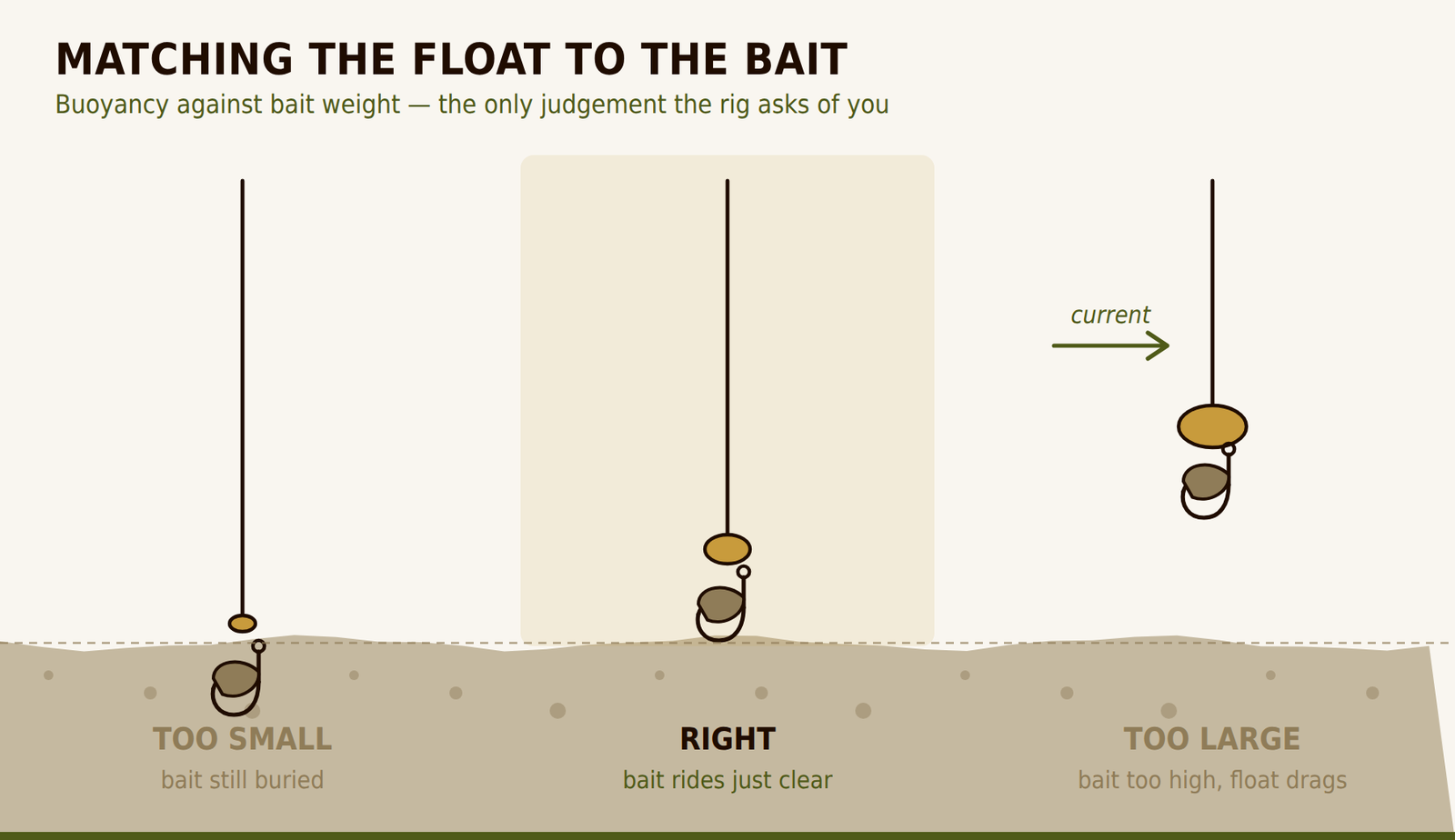 Diagram comparing three peg float sizes: too small leaves bait buried, correct lifts it just clear, too large lifts it too high.